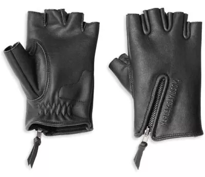 $55.97 • Buy Harley Davidson Women Black Leather Fingerless Edge Cut Glove With Zip Detail XL