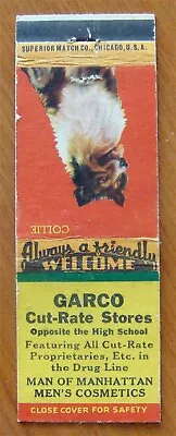 Garco Cut-rate Stores Man Of Manhattan Cosmetics Collie Dog Vntg Matchbook Cover • $1.99