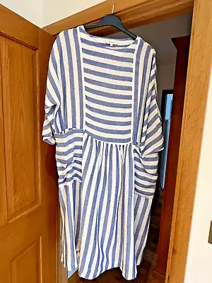 SAHARA Dress Size M/L Blue And White Striped Linen/viscose Mix Vgc • £49.99