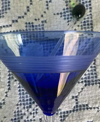 2 Etched Cobalt Martini Glasses Circular Design+2 Glass Olive Skewers • $15