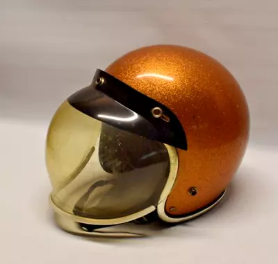 Vintage 1971 Gold Fleck Sparkle Motorcycle Helmet Bubble Visor Size SMALL • $100