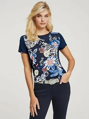 Linea Tesini Print T-Shirt Top Short Sleeves With Cuffs Floral Navy Size 18 • £20.99