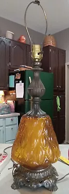 Vintage Mid Century Modern Regency Amber  Yellow Glass Table Lamp  28   • $99.99