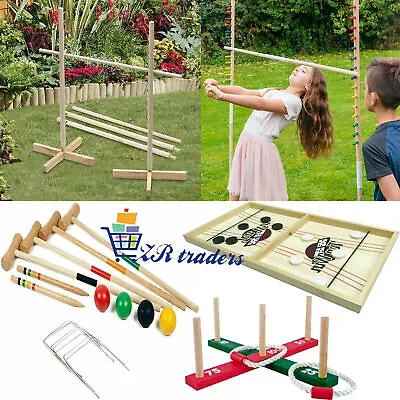 Wooden Garden Outdoor Quoits Pegs & Rope Hoopla Family Kids Limbo Croquet Games • £13.95