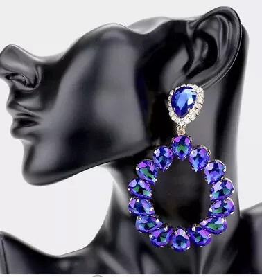 3.5” Long Ab Royal Blue Dangle Rhinestone Crystal Pageant Earrings Big • $16