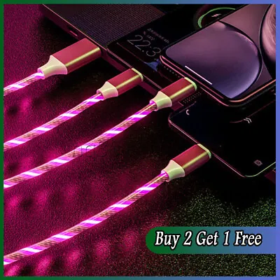 3 In 1 LED Flowing Light Up Charger Cable USB Cord For IPhone Type C Android UK • £3.72