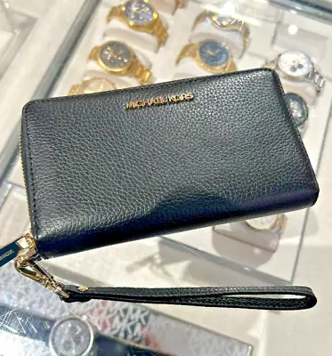 Michael Kors Jet Set Travel Large Phone Wristlet Wallet Pebbled Leather In Black • $58.50