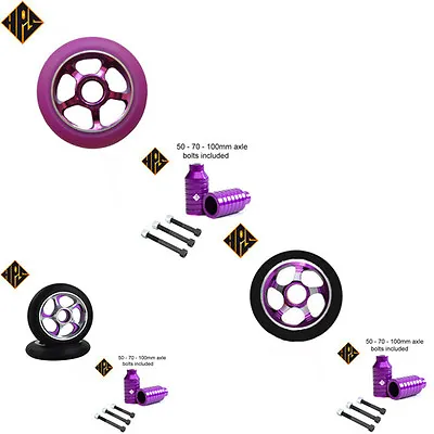 PURPLE SET STUNT SCOOTER METAL CORE WHEELS 100mm ABEC 11 BEARING PEGS 3 AXLE 110 • £34.99