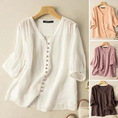 ZANZEA Women Short Sleeve V Neck Button Up Shirt Solid Cotton Tops Formal Blouse • $26.23