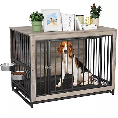 39in Dog Crate Furniture Wooden Indoor Dog Kennel Side End Table With 2 Bowls • $168.99