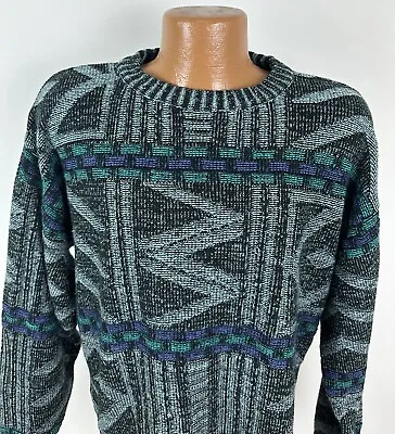 Vintage 80s 90s Geometric Knit Ski Sweater M Ice Blue Vaporwave Hipster Grunge • $27.99