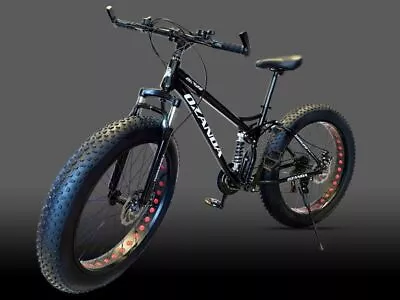 Black 26  Large Fat Tire Bicycle Full Suspension Mountain Bike 21 Speed DH628 • $599