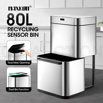 80L Dual Rubbish Bin Sensor Recycling Kitchen Waste Trash Garbage Can Silver • $189.95