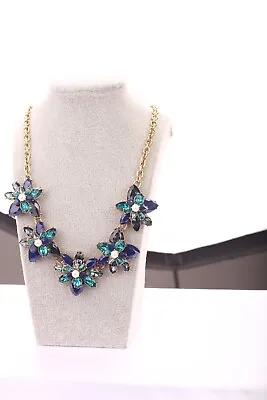 J. Crew Womens Fashion Blue Flower Crystal & Pearl Statement Rhinestone Necklace • $50