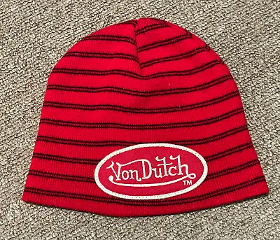 Vintage 90s Von Dutch Striped Embroidered Logo Beanie Knit Cap OSFA Red • $74.99