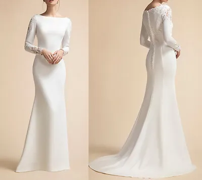 Elegant Muslim Mermaid Wedding Dresses Scoop Long Sleeve Satin Bridal Gown Train • $137.80