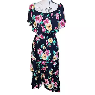 Soprano Womens Dress Black Floral Size L Maxi Off The Shoulder Short Sleeve • $13.50