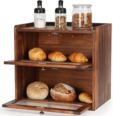 Bread Box For Kitchen Countertop Wooden Bread Storage Container Bin 2 Layer • $40.59