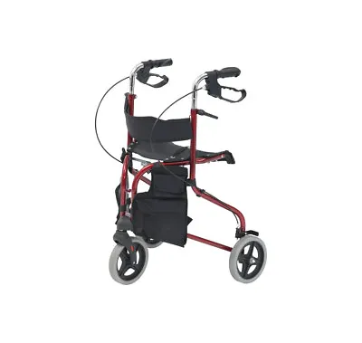 Lightweight Folding 3 Wheel Tri Walker Rollator Walking Aid Frame With Seat Red • £89
