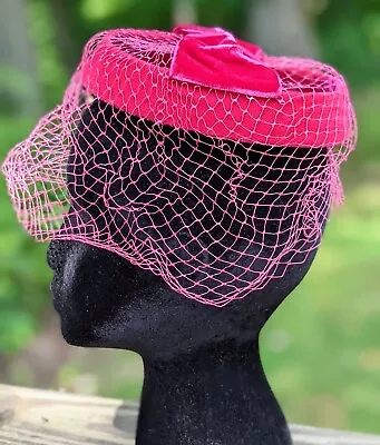Vintage Pink Womens Velvet Bow Hat Netting USA • $22