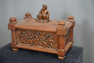 XL French Vintage Oak Wood Carved Box Putti Cherub Figural Decors • $525