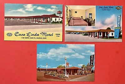 CASA LINDA MOTEL~ Lot Of 3 Postcards~ MAIN STREET SALINAS CALIF ~ 1940s-60s • $7