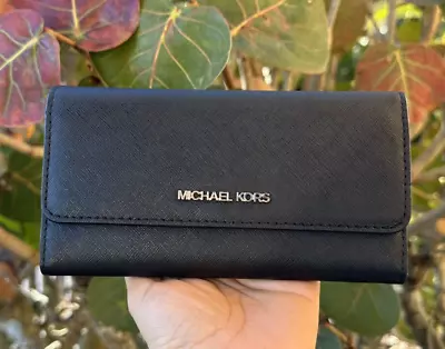 Michael Kors Jet Set Travel Large Trifold Wallet Black/silver Toned Ware • $68