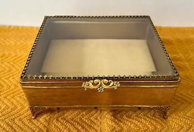 Vintage Gold Ormolu Casket Jewelry Box Beveled Glass Rectangular Velvet Display • $20