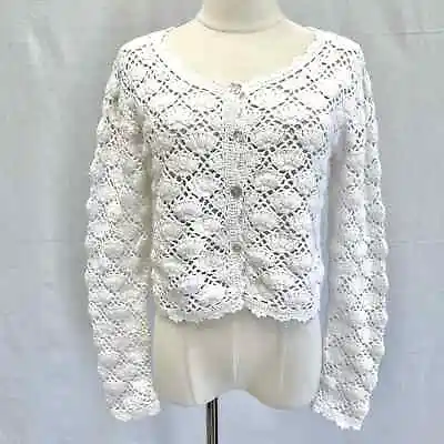 Moda International Vintage 90s Y2k White Scallop Crochet Cardigan Size Large • $50