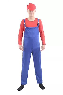 Mens Super Mario Plumber Bros Red Blue Costume Work Women Fancy Dress Outfit • £18.99