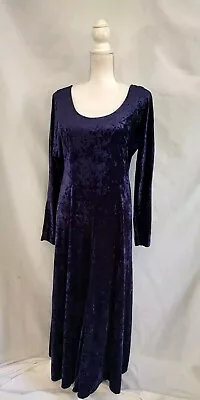 90's Vintage All That Jazz Dark Blue Velvet Long Sleeve Maxi Dress Rose Clip L • $32.99