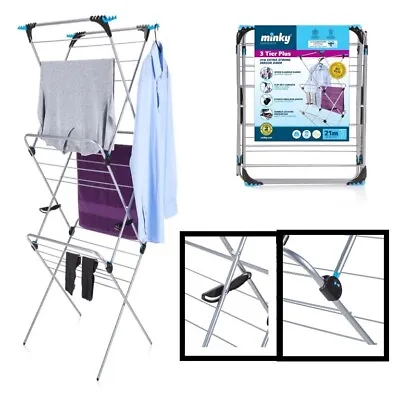 Clothes Airer 3 Tier Indoor Laundry 21m Silver Extra Strong Holds 21kg Minky • £32.95