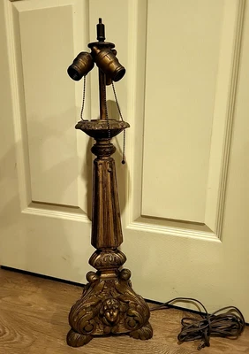 $75 • Buy Antique Hand Carved 3 Sided Cherub Wood Table Lamp LIGHT 27  Tall