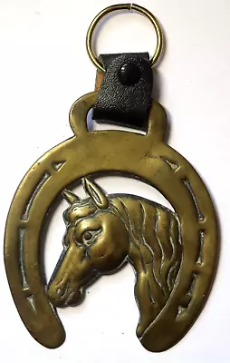 Vintage 5  Martingale Brass Leather HORSE HEAD HORSESHOE Hanging Medallion A9 • $17.11