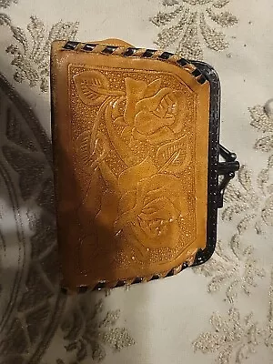 Vintage Tooled Flowers Coin Purse Tooled Leather Double Pouch Wallet • $10