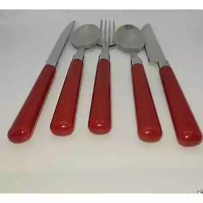 (5) Red Bakelite Handle ~ Fork- Knife-Teaspoon ~ Stainless ~ Mixed Lot • $20