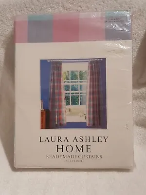 Vintage Laura Ashley Lined Curtains Mitford Check Pink/Blue 66 X54  New In Pack • £95