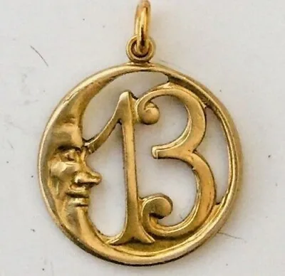 LUCKY 13 Crescent Moon Pendant Charm. Gold Tone. Retro Vintage Style Good Luck. • $20