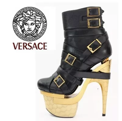 Nwot Versace Bondage Triple Platform Black Leather Ankle Boots 38 • $750