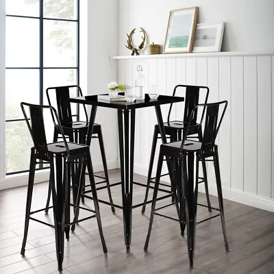 Industrial Metal Bar Table + 4 Stools Tall Breakfast High Gloss Dining Chair Set • £122.95