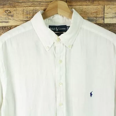 Ralph Lauren Mens Linen Button Donw Shirt Size Large Tall White Short Sleeve • $66.92