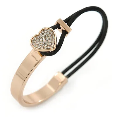 £15.50 • Buy Clear Crystal Heart Bangle Bracelet With Black Silk Stretch Cord In Gold Tone -