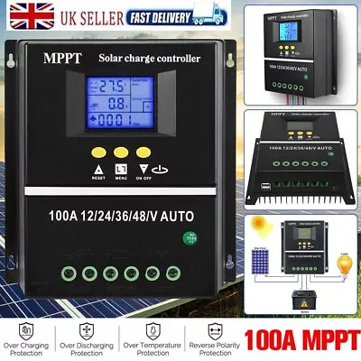 100A MPPT Solar Charge Controller 12V-48V DC 2 USB Solar Panel Charge Regulator • £33.89