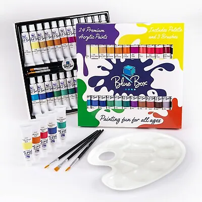 Acrylic Paint Set 24 12ml Tubes 3 Brushes And 1 Palette! FAST DELIVERY! • £9.95