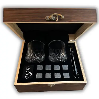 Whiskey Glasses Gift Set Stones Rocks Tongs Wooden Box Bourbon Scotch Alcohol • $21.99