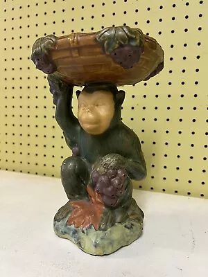 Vintage Ceramic Monkey W/Basket On Head W/Grapes 9  Tall Plant Stand Bowl Dish • $89.99