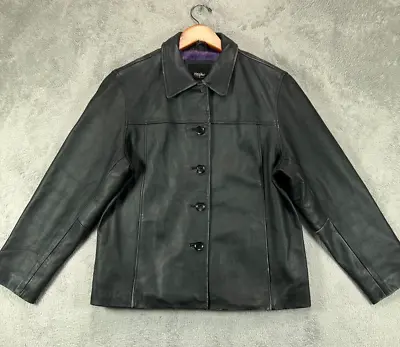 Womens Large Leather Jackets Black Button Up Purple Satin Lined Mossimo Ladies • $19.45