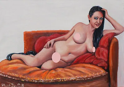 Oil Painting Erotic Girl Signed MKol 30x21cm 118x83 In • £26.25