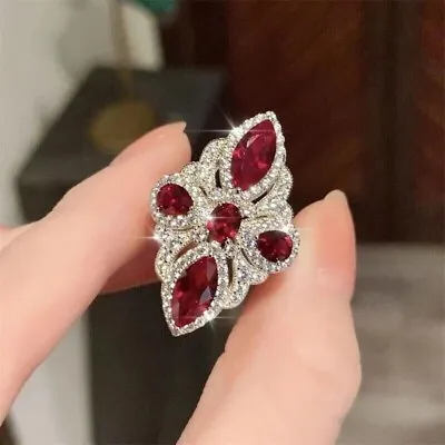 Marquise Cut Simulated 3CT Red Ruby Woman Wedding Silver Ring14k White Gold Over • $96.82