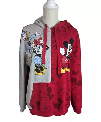 DISNEY Mickey & Friends Red Gray Hoodie Sweatshirt Top Sz XL Minnie Donald Duck • $14.99